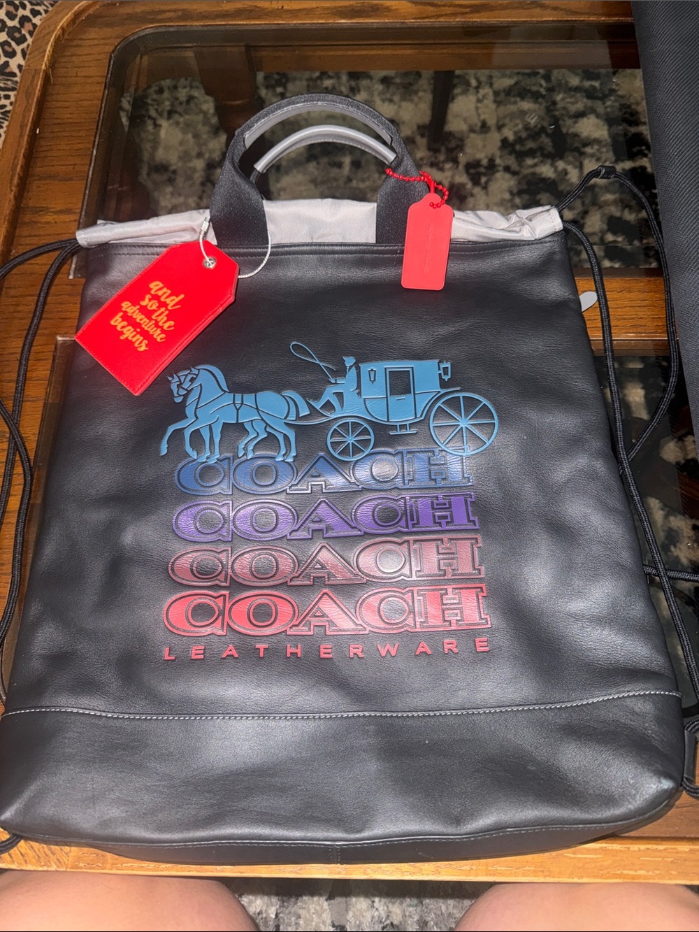 Coach Black Leather Drawstring Backpack with Blue-Purple-Red Gradient Logo
